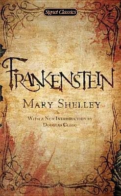 Frankenstein Book cover. Tan and red weathered background styled as old parchment. The title Frankenstein is centered with the author name Mary Shelley underneath
