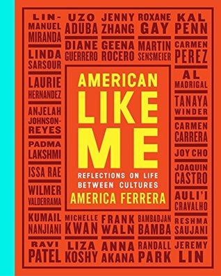 Red background with a series of names in dark red. Title American Like Me
