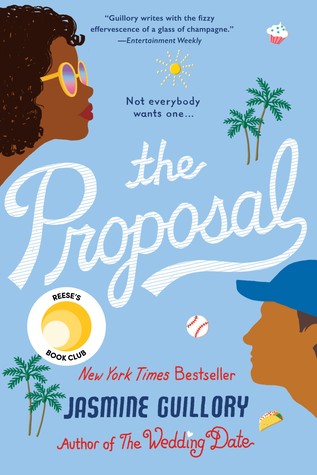 Blue background with a man and woman's face leaning in from opposing sides. Title The Proposal is overlayed