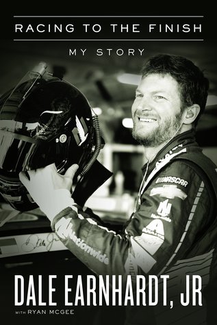 Black and white photo of Dale Earnhardt Jr with the title Racing to the Finish overlayed