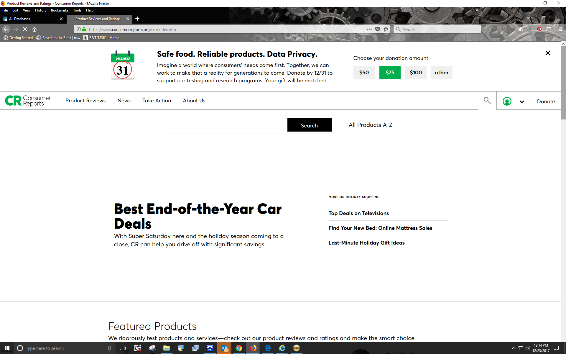 Screenshot of homepage of Consumer Reports database