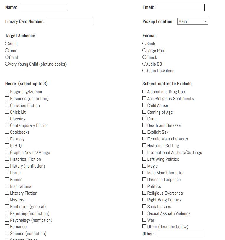 Screenshot of Readers Advisory Form