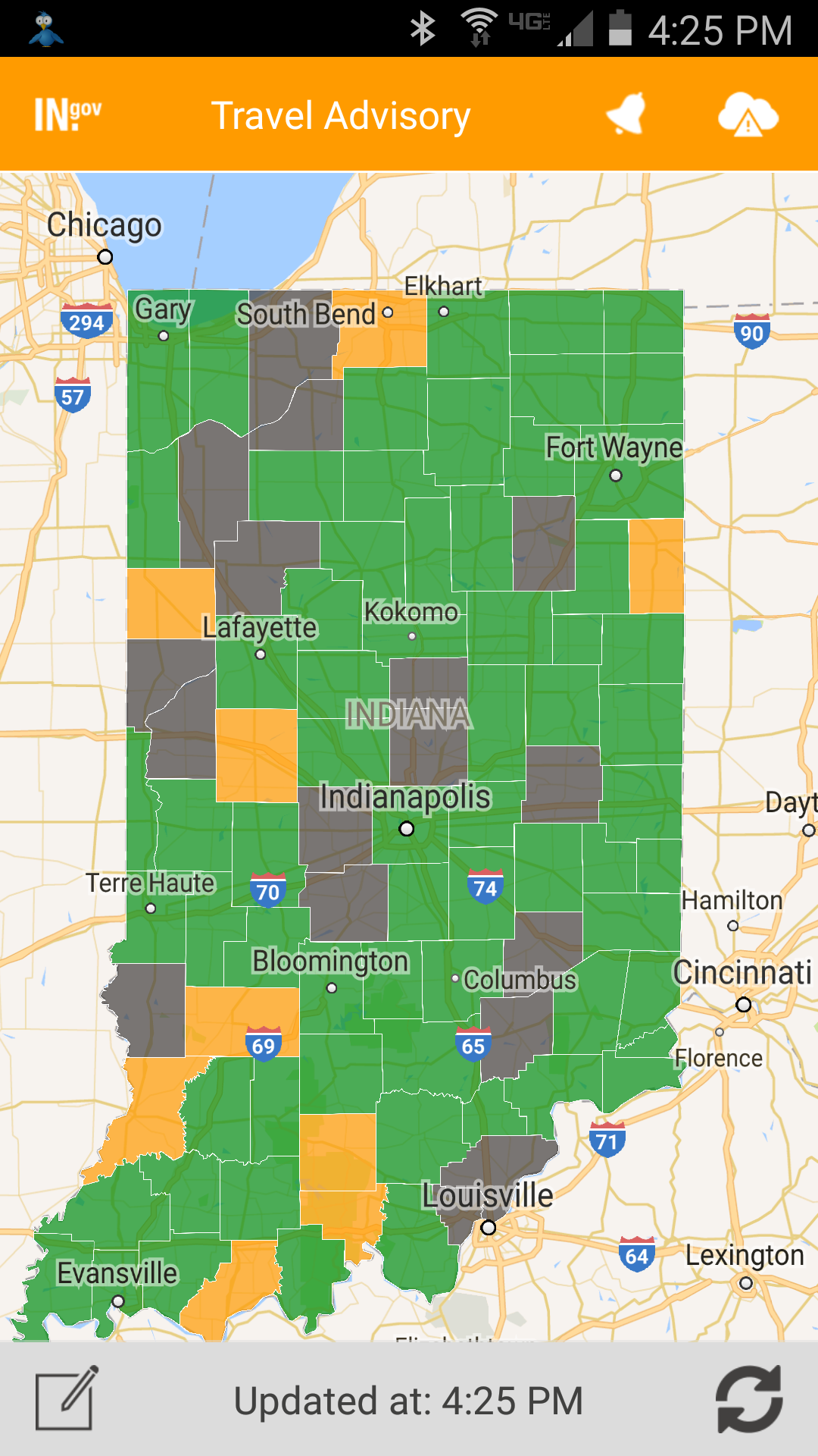 travel advisory map indiana today