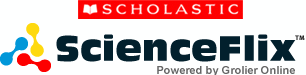 Scholastic ScienceFlix powered by groilier online. Transparent background with a red yellow and blue bar shaped logo on the left