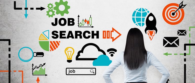 Photo showing the back of a woman in a suit with black hair. There are various icons and the words Job Search